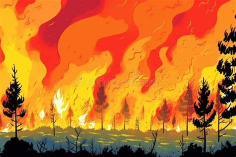 Illustration of Forest Wildfire, Charred Trees, Haze of Smoke. Climate ...