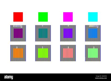 Color optical illusion by assimilation and contrast. The four different color squares appear to ...