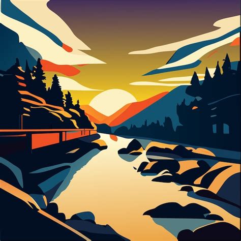 Premium Vector | Illustration of beautiful calm sunset at river