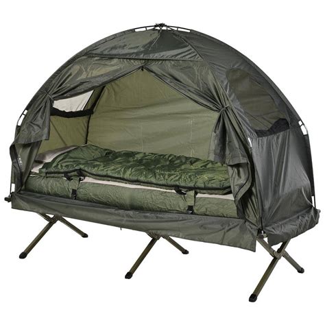 Outsunny Portable Camping Cot Tent with Comfortable Air Mattress, Warm and Cozy Sleeping Bag ...