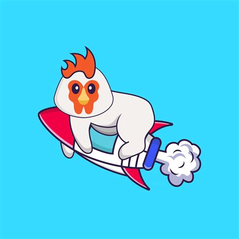 Cute chicken flying on rocket. Animal cartoon concept isolated. Can ...