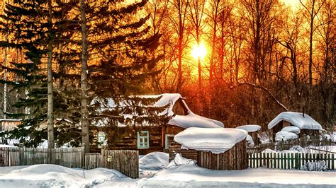 Wallpaper Winter, trees, house, sunrise, snow 2560x1440 QHD Picture, Image