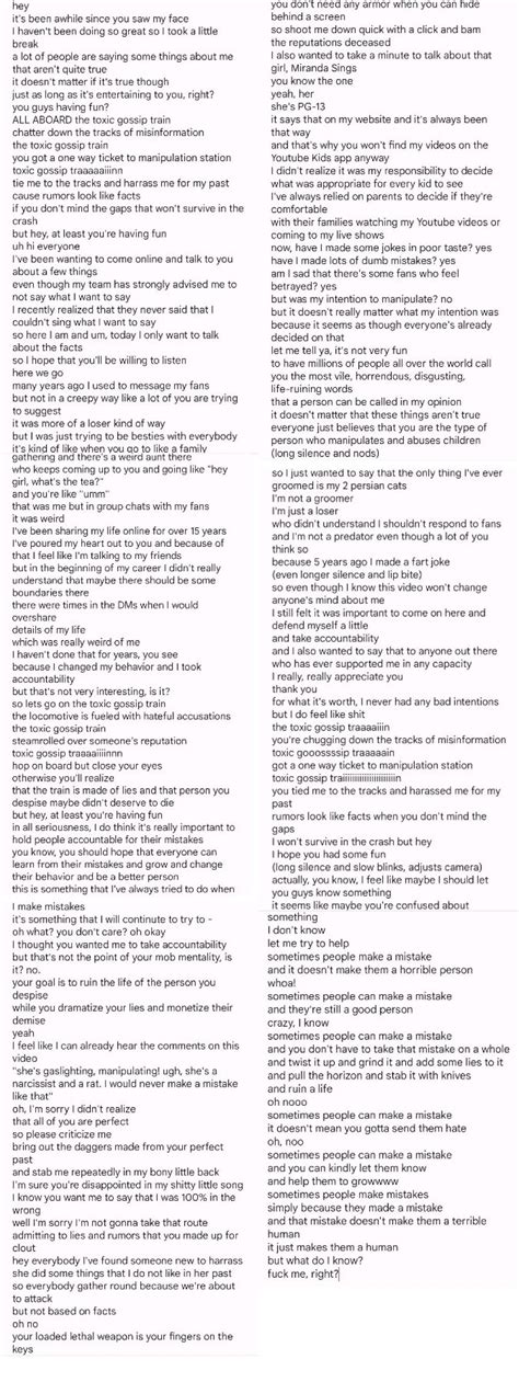 Colleen Ballinger's entire 10 minute non-apology song transcribed in one image so you don't have ...