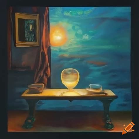 Impressionist surrealist painting of tv light reflection on glass ...