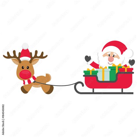 cartoon christmas deer vector with sleigh and santa claus vector Stock ...