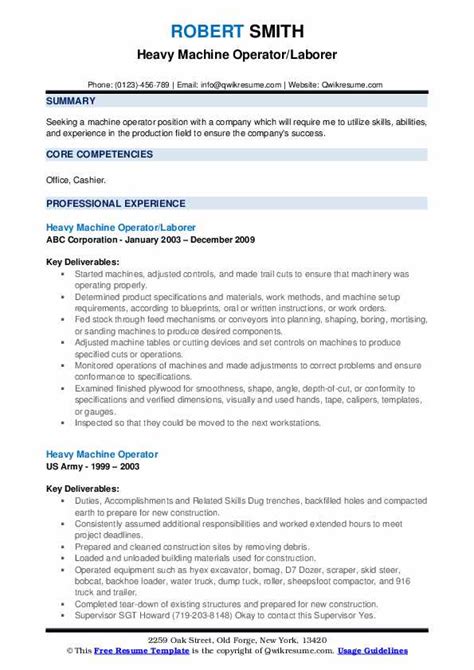 Heavy Machine Operator Resume Samples | QwikResume