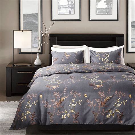 Modern Style Grey Color Bedding Set King Size Bronzing Flower and Birds ...