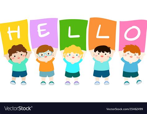 Kids holding hello board Royalty Free Vector Image