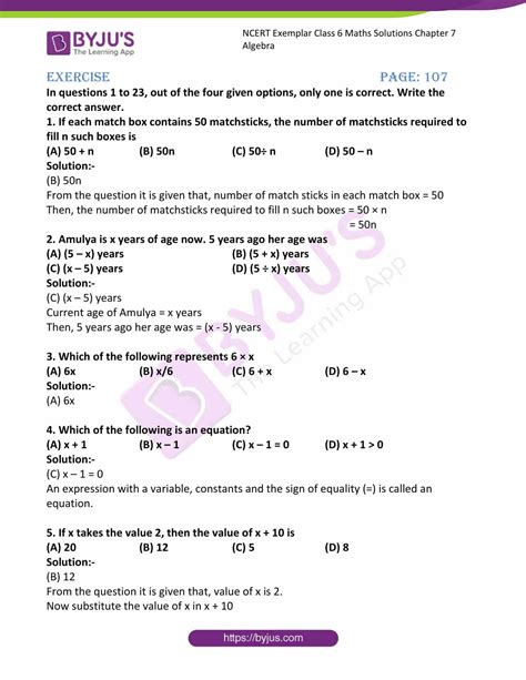 NCERT Exemplar Solutions for Class 6 Maths Chapter 7 Algebra available in free PDF download