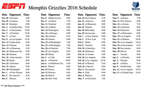 Memphis Grizzlies Printable Schedule