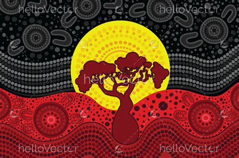 Aboriginal landscape painting illustration with tree - Download Graphics & Vectors