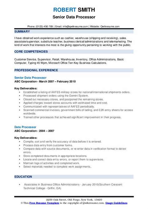 Data Processor Resume Samples | QwikResume