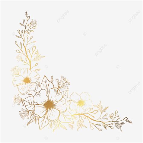 Hand Drawn Flowers And Leaves Golden Floral Corner With Line Art Vector ...