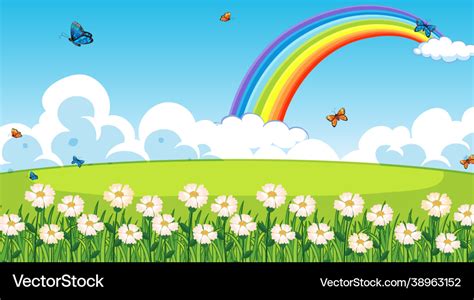 Nature park scene background with rainbow Vector Image