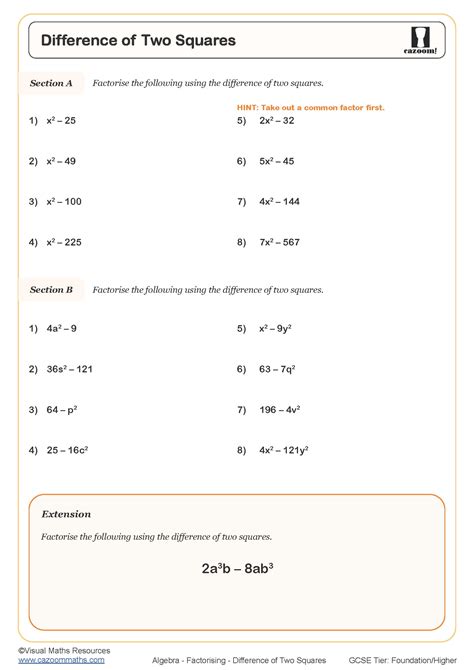 Difference of Two Squares Worksheet | Cazoom Maths Worksheets