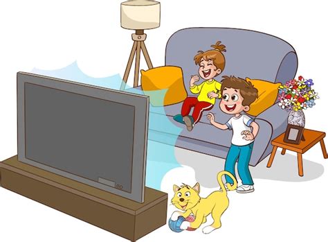 Premium Vector | A cartoon of a boy and a girl watching tv with a cat ...