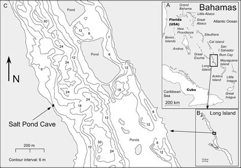 —A) Map of Bahamas Islands, B) map of Long Island with C) approximate... | Download Scientific ...