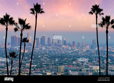 Beautiful sunset of Los Angeles downtown skyline in CA, USA Stock Photo ...