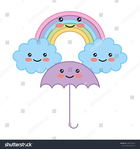 Happy Kawaii Rainbow Clouds Umbrella Cartoon Stock Vector (Royalty Free ...