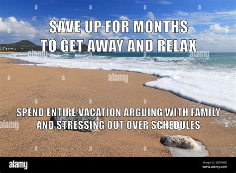 Vacation stress funny meme for social media sharing. Beach memes Stock Photo - Alamy