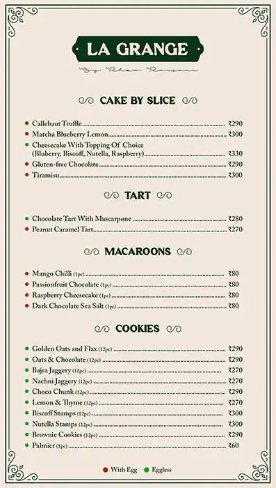 Menu of La Grange, Bund Garden Road, Pune