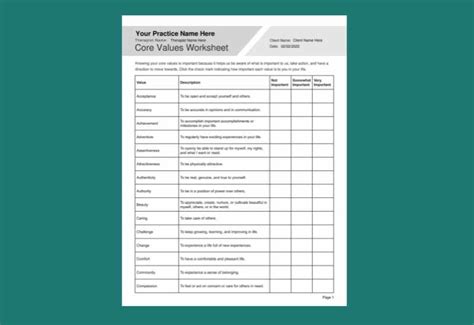 Identifying Core Values Worksheet PDF