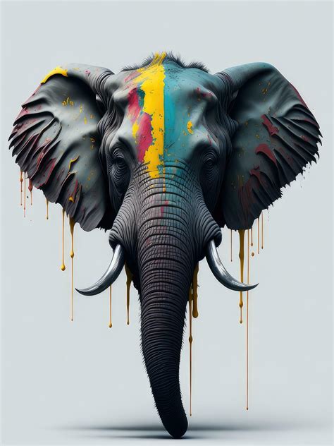 Illustration of an elephant with colorful paint smudges on its face created with technology ...