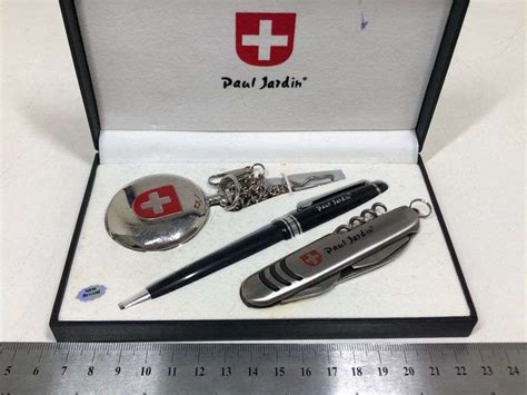 PAUL JARDIN WATCH, PEN & POCKET KNIFE IN CASE, QUARTZ, WATER RESISTANT WATCH - Wild Rose Auction ...