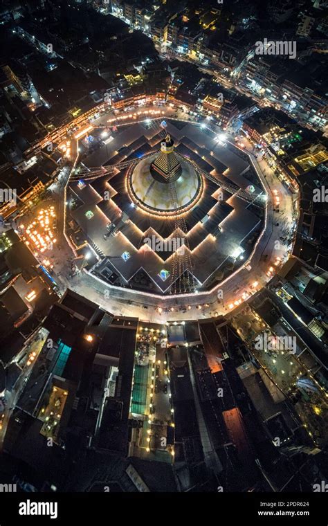 Bouddhanath Stupa. Night photo. Nepal. Kathmandu. The festival of fire. Night shot from the air ...