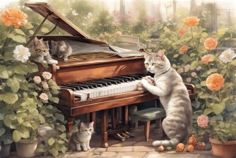 Premium AI Image | Cute cats playing the piano in the garden Vintage style