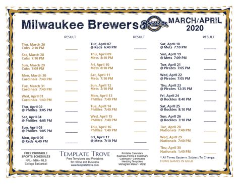 Printable 2020 Milwaukee Brewers Schedule