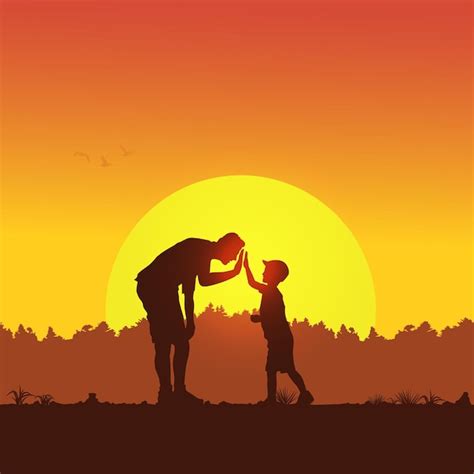 Premium Vector | Father and son silhouette at sunset