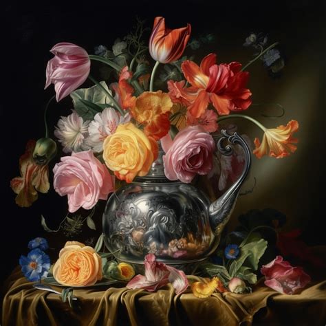 Premium AI Image | A painting of flowers and a vase with a black cover.