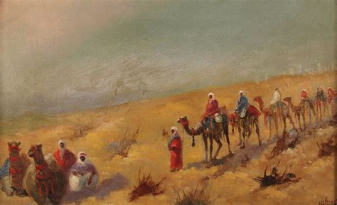 Lot 224: Orientalist painting, desert landscape with caravan