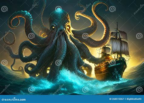 Enormous Mythical Sea Monster Attacks Old Ship in the Middle of Stormy Sea, Kraken Attack ...