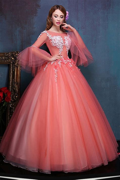 Ball Gown Illusion Neckline Flare Sleeve Coral Tulle Corset Prom Dress