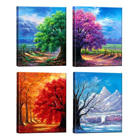 Buy Nuolanart- 4 Seasons Modern Landscape 4 Panels Framed Canvas Print ...