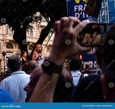 Giorgia Meloni Fratelli D Italia on the Stage of the Rally in Cagliari Filmed from the Crowd ...