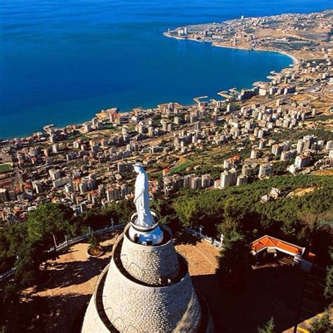 Notre Dame du Liban The Shrine of "Our Lady of Lebanon" in Harissa overlooking the bay of ...