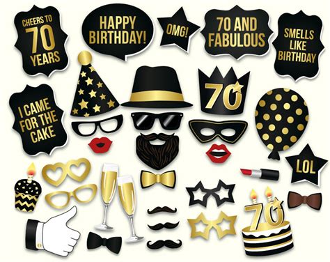 70th Birthday Photo Booth Props: Printable PDF. Black and Gold - Etsy