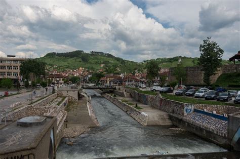 City Center with River and Fortress Ruin. Novi Pazar, Town of S ...