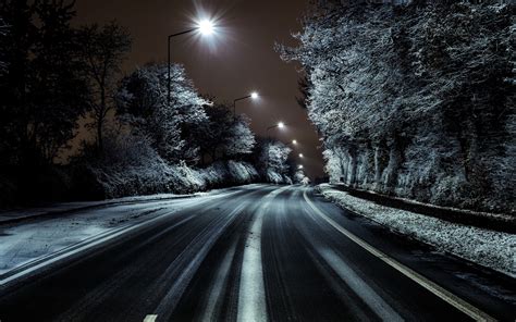 Wallpaper Road, trees, snow, winter, night, lights 1920x1200 HD Picture, Image