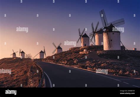 Sunrise at the windmills of Consuegra, Toledo, Spain Stock Photo - Alamy