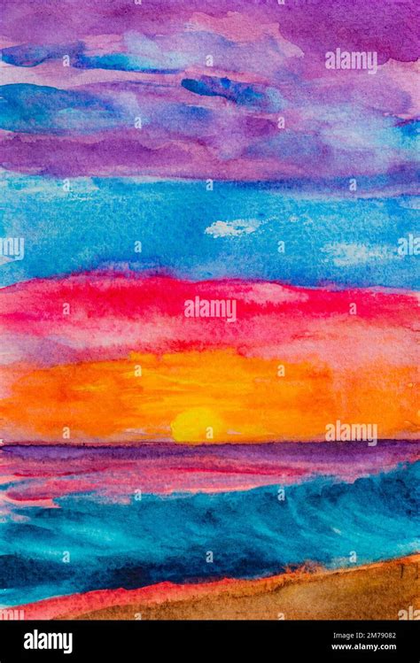 California Beach Sunset. Watercolor painting Stock Photo - Alamy