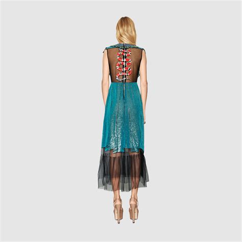 Gucci Embroidered Tulle Dress in Blue - Lyst