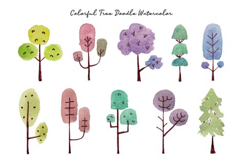 Cute Colorful Tree Doodle Watercolor Graphic by fathurmutiah · Creative ...