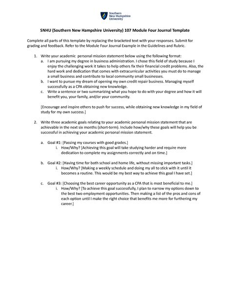 SNHU 107 Module Four completed Journal Template - SNHU (Southern New ...