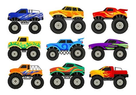 Premium Vector | Set of monster trucks. heavy cars with large tires and ...