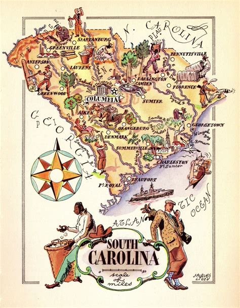 1940's Vintage Animated SOUTH CAROLINA State Map Pictorial Cartoon Map Print Gallery Wall Art ...