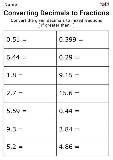 Decimals To Fractions Worksheets